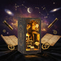 Museum of Astronomy DIY book nook – fully assembled miniature astronomy museum displayed against a deep galaxy starfield with crescent moon, floating telescopes and scrolls, warm amber LED glow from arched windows, steampunk astronomical diorama
