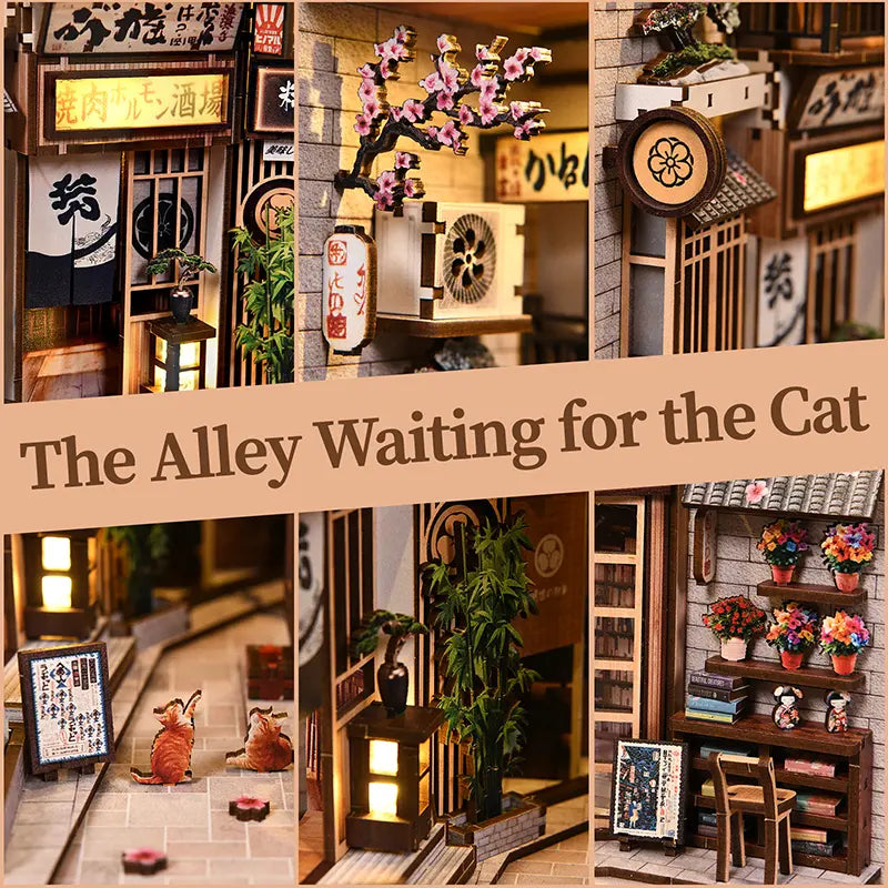 The Alley Waiting for the Cat book nook detail collage – izakaya with cherry blossom and lantern, bookstore corner, flower shop display, alley cat figurine on stone floor, Japanese miniature diorama four-scene overview
