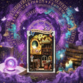The Realm of the Magic Book DIY book nook – assembled miniature wizard study displayed against a purple galaxy magic circle background, glowing magic mirror, open spellbook, warm amber LED light, butterflies and ancient rune rings
