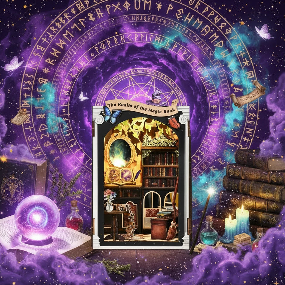 The Realm of the Magic Book DIY book nook – assembled miniature wizard study displayed against a purple galaxy magic circle background, glowing magic mirror, open spellbook, warm amber LED light, butterflies and ancient rune rings
